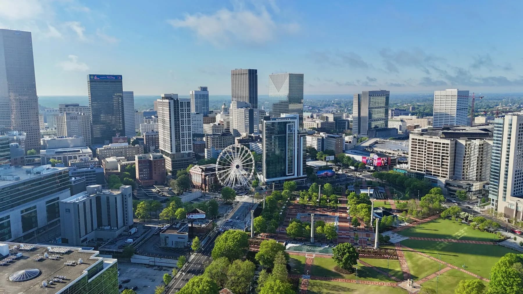 Aerial view of downtown Atlanta with the SkyView Ferris wheel