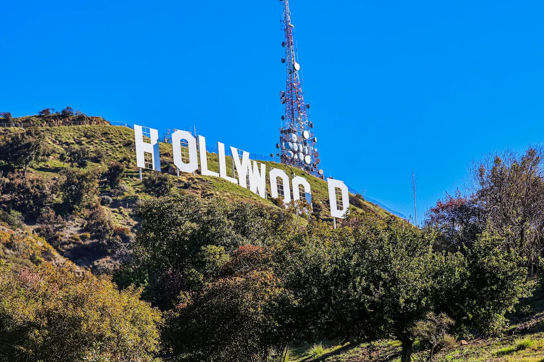 The Hollywood Sign on a sunny hillside in Los Angeles